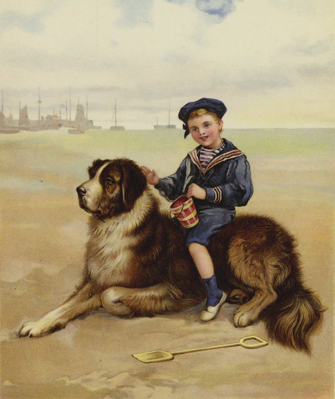 A Boy Sitting on His Dog at the Beach by English School