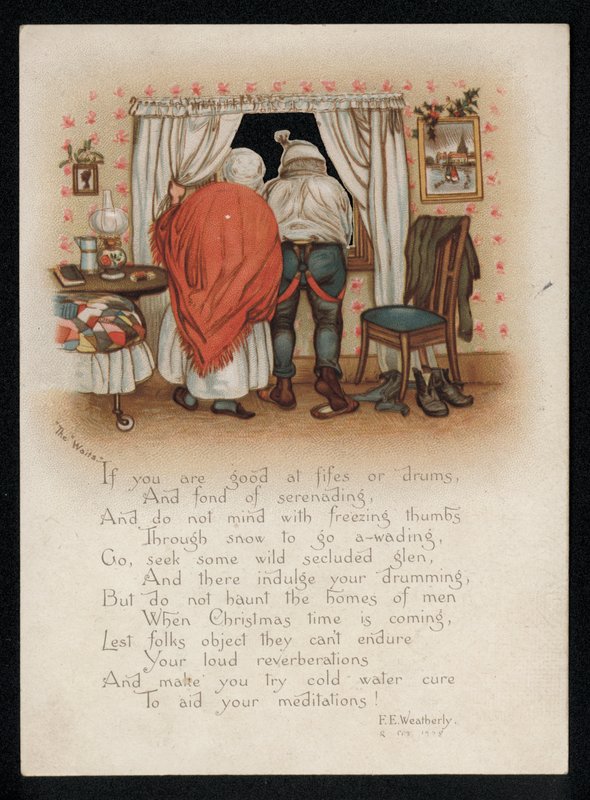A couple objecting to carol singers outside their window, Christmas greetings card by English School