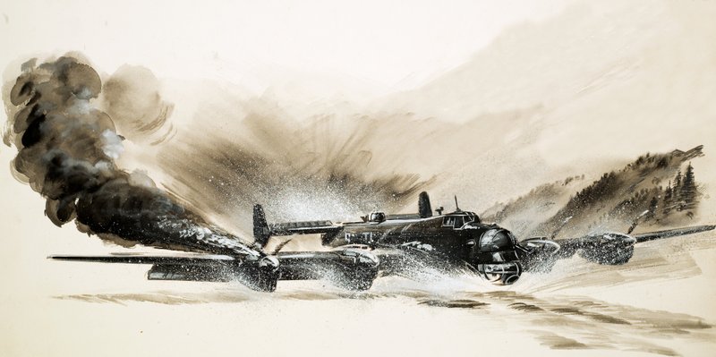 A crippled Halifax bomber lands on the ice by English School