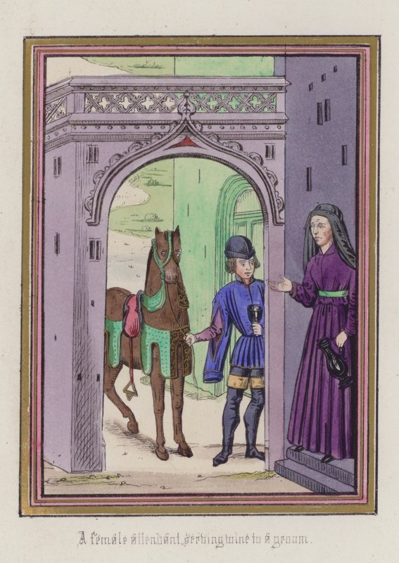 A female attendant serving wine to a groom by English School