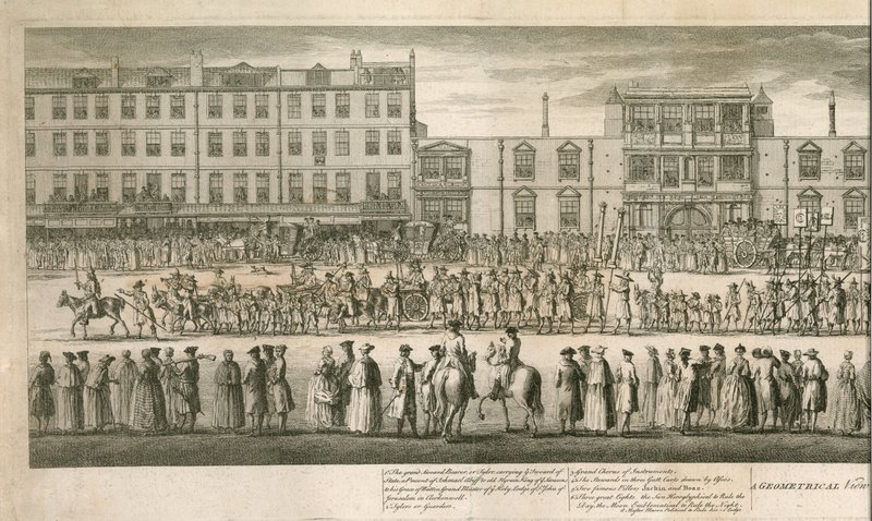 A geometrical view of the grand procession of the Scald Miserable Masons, Somerset House, London by English School