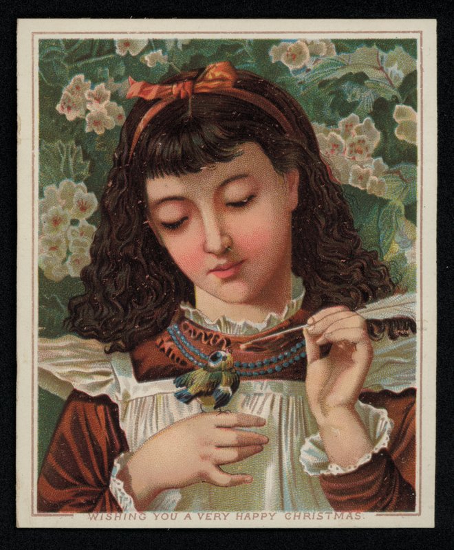 A girl feeding a blue tit, Christmas greetings card by English School