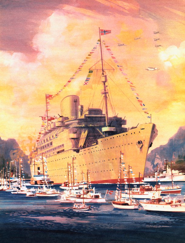 A Great Moment in the History of the Royal Mail Line, the Andes Arrives in Oslo in 1945 by English School