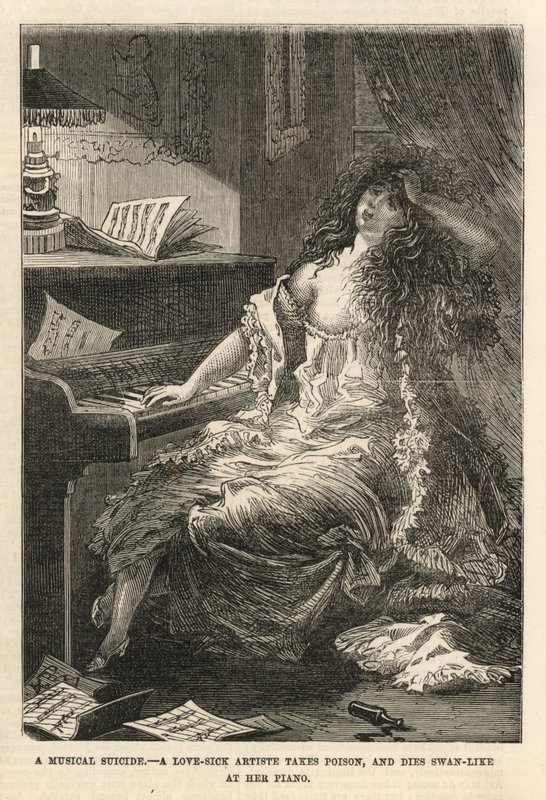 A love-sick artiste takes poison, and dies swan-like at her piano by English School