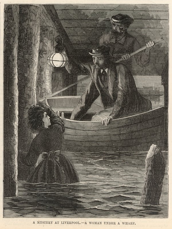 A mystery at Liverpool; A woman under a wharf by English School