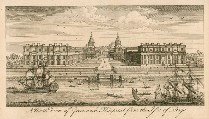 A North View of Greenwich Hospital, London, from the Isle of Dogs by English School