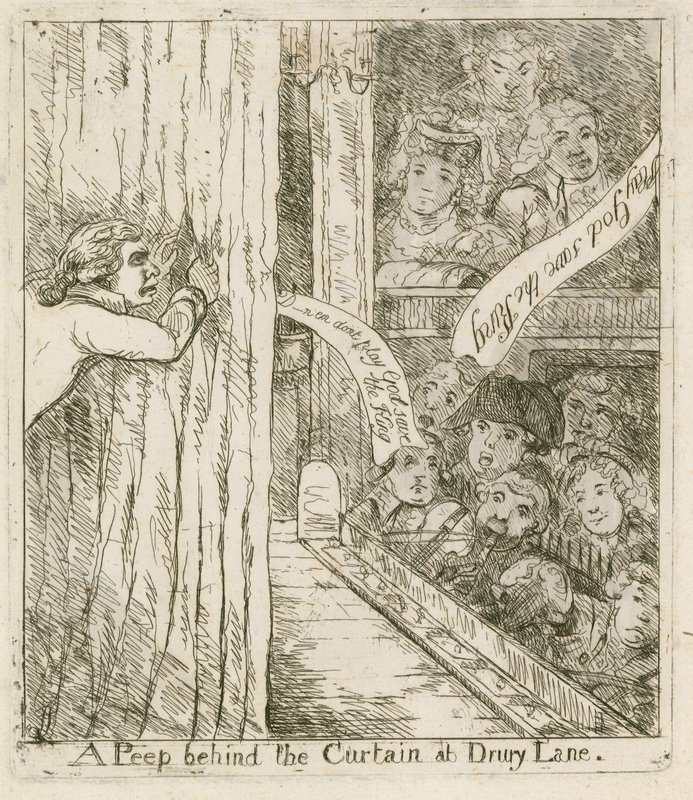 A peep behind the curtain at Drury Lane; cartoon by English School