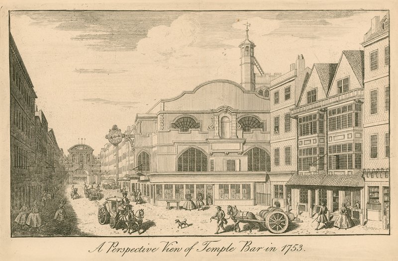 A perspective view of Temple Bar, London, in 1753 by English School