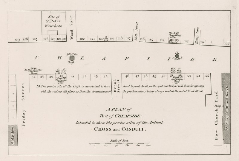 A plan of Cheapside, London, intended to show the precise sites of the ancient Cross and Conduit by English School
