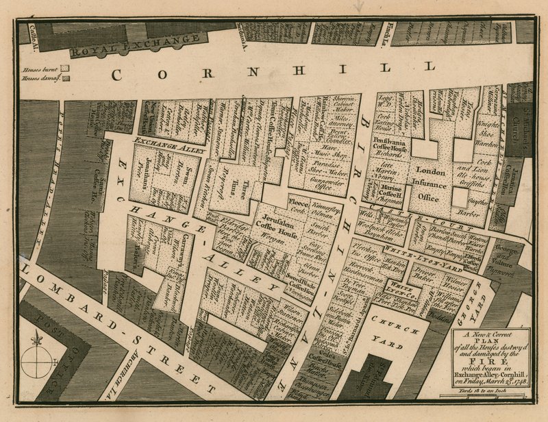 A plan of houses destroyed in the fire which began in Exchange Alley, Cornhill, London, on 25 March 1748 by English School