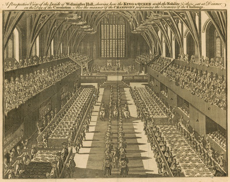Inside of Westminster Hall Showing the King and Queen at Dinner on the Day of the Coronation by English School