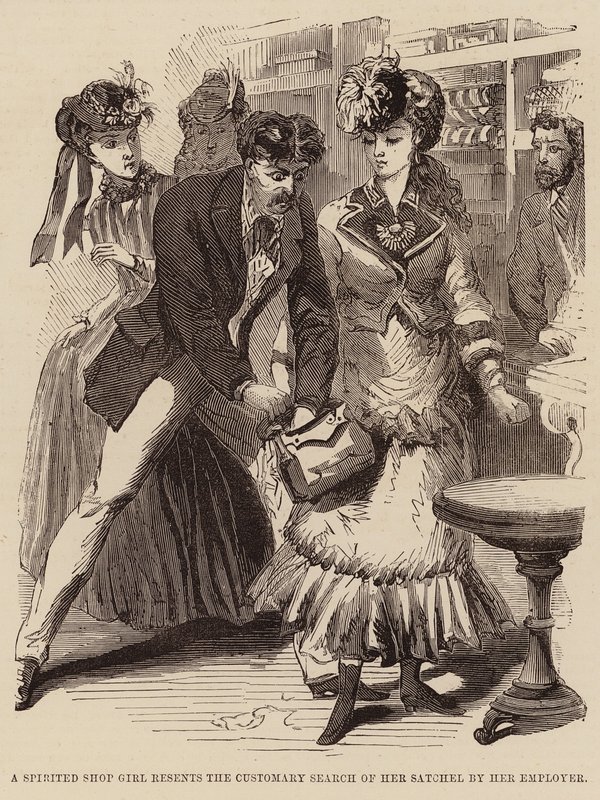 A spirited shop girl resents the customary search of her satchel by her employer by English School