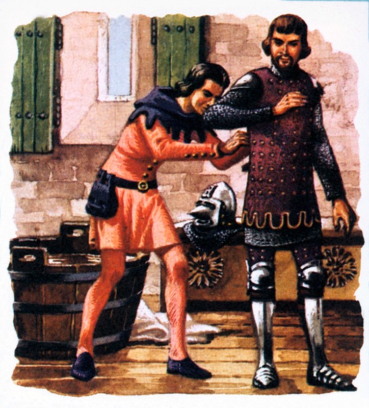 A squire shown fastening the Black Prince