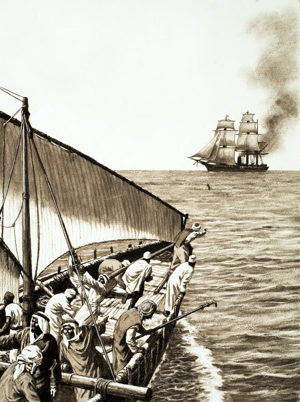 A steamship on the horizon, an Arab dhow in the foreground by English School