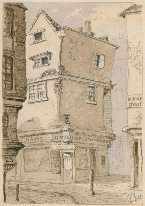 A street corner in Cloth Fair, Smithfield, London by English School