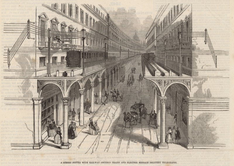 A Street Fitted with Railway Omnibus Trains and Electric Message Delivery Telegraphs by English School