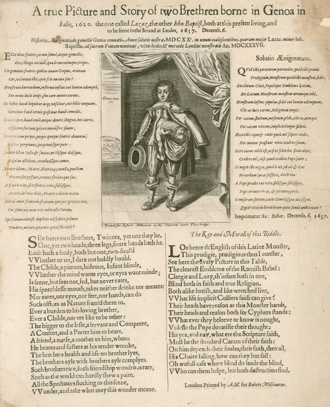 A True Picture and Story of Two Brothers Born in Genoa in Italy, 1620 by English School