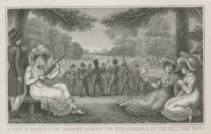 A view in Kensington Gardens, London, during the performance of the military band by English School