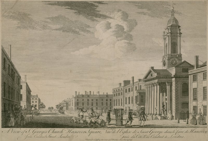A view of St Georges Church, Hanover Square, from Conduit Street, London by English School