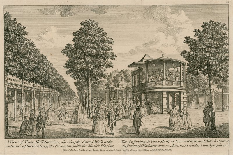 A view of the Vauxhall Gardens, London, showing the grand walk at the entrance and the Orchestra with music playing by English School