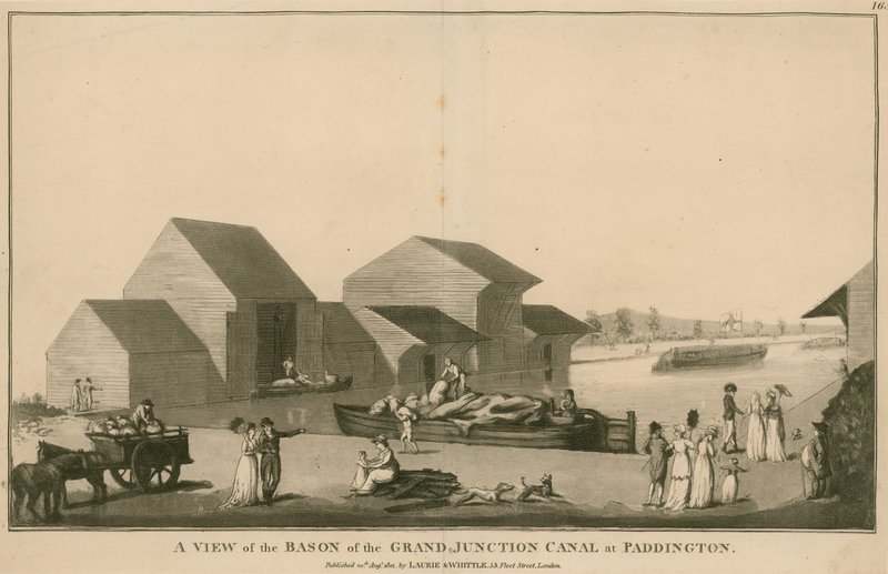 A view of the basin of the Grand Junction Canal at Paddington, London by English School