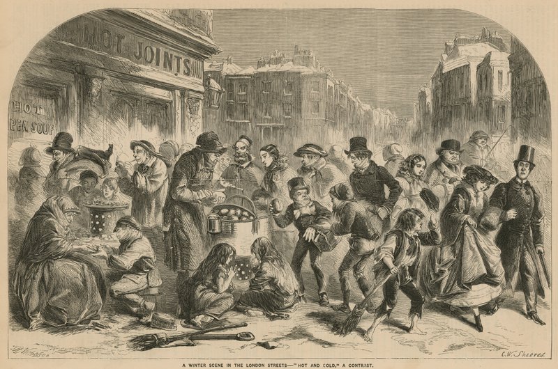 A winter scene in the London streets - hot and cold: a contrast by English School