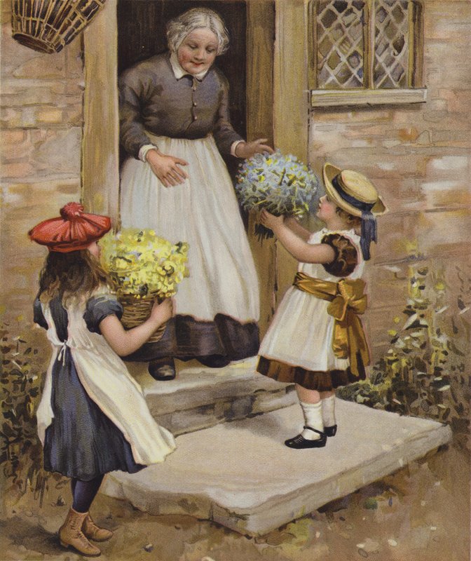 A woman looking on as two young girls present her with flowers by English School