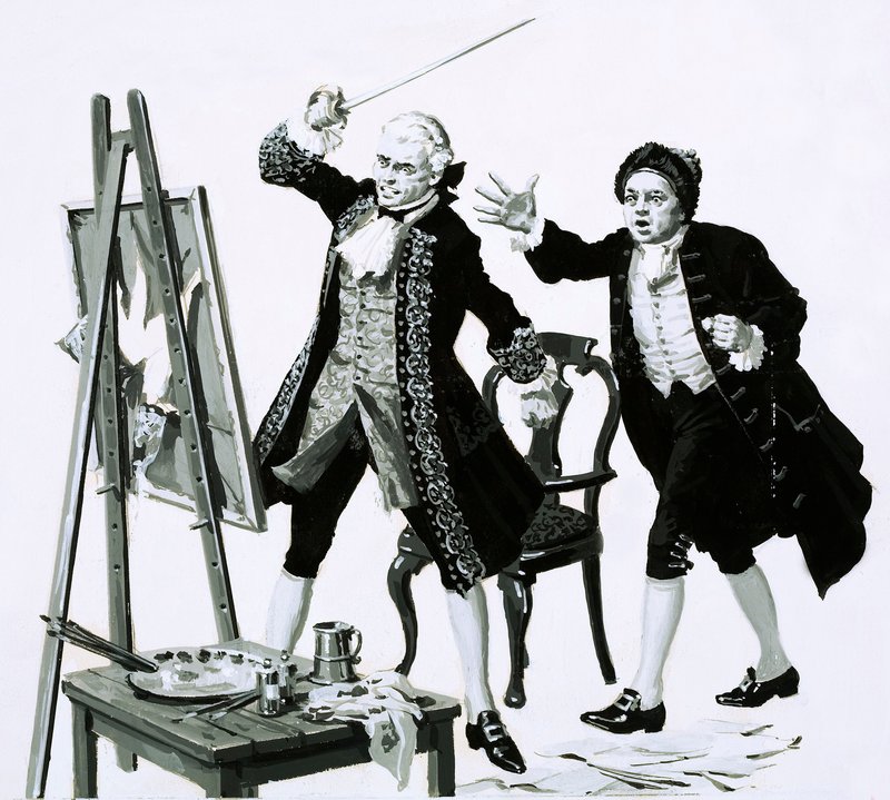 A young man slashed an unflattering portrait of his father by Hogarth with a sword by English School