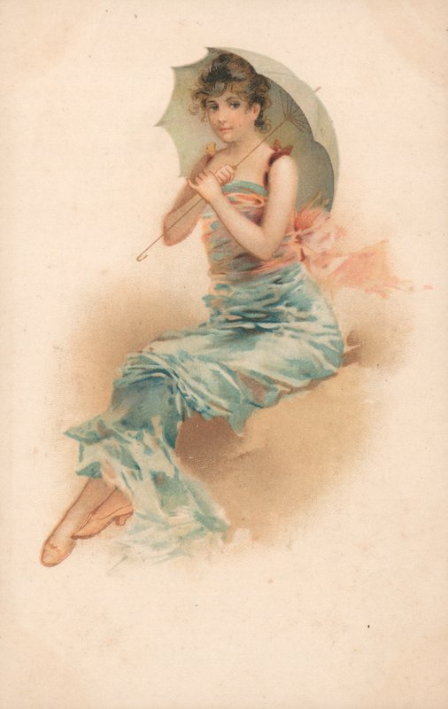 A young woman sheltering beneath a parasol by English School