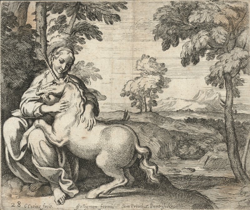 A young woman sits in a wood caressing a unicorn by English School