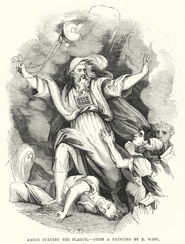 Aaron staying the Plague, from a painting by B West by English School