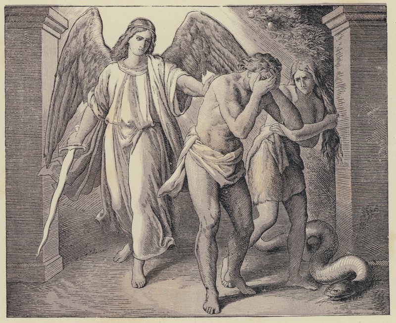 Adam and Eve being expelled from The Garden of Eden by English School