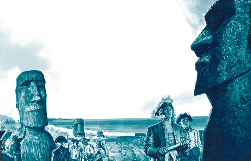 Admiral Roggeveen looking at the Easter Island Statues on Easter Sunday, 1722 by English School
