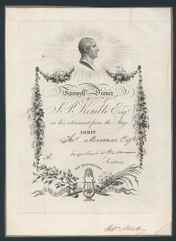 Admission ticket for dinner to celebrate John Kembles farewell to the stage, 1819 by English School