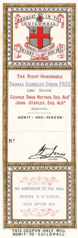 Admission Ticket to a Banquet at the Guildhall, London, on 9 November 1877 by English School
