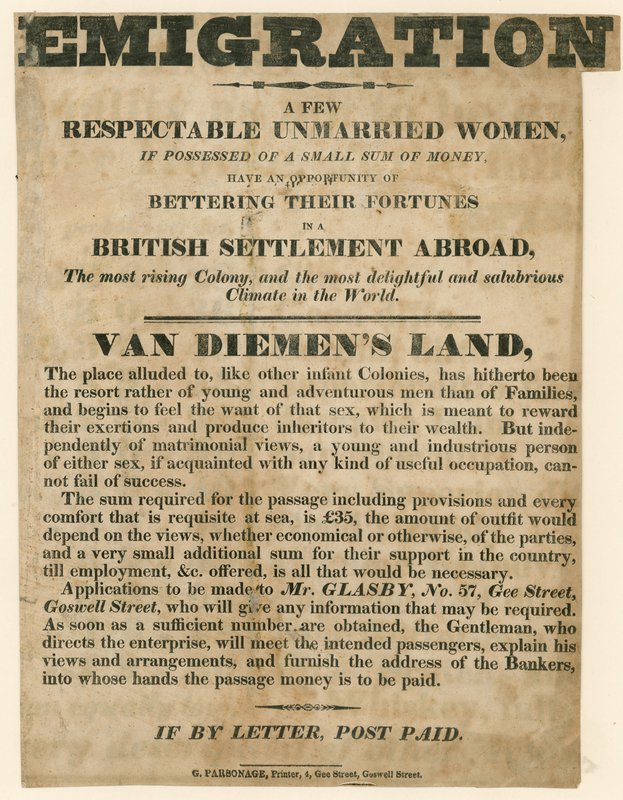 Advert Concerned with the Emigration of Young Women to Van Diemen