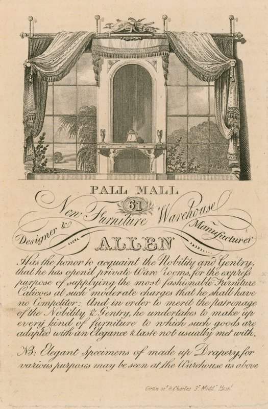 Advert for Allens new furniture warehouse, 61 Pall Mall, London by English School