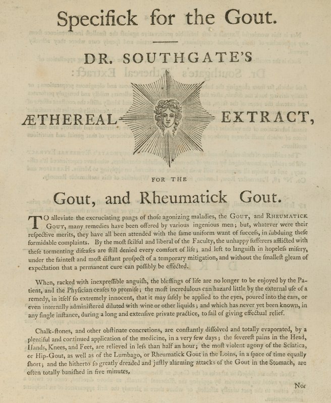 Advert for Dr Southgates Aethereal extract for gout and rheumatic gout by English School