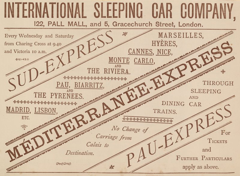 Advert for International Sleeping Car Company, 122 Pall Mall and 5 Gracechurch Street, 1888 by English School