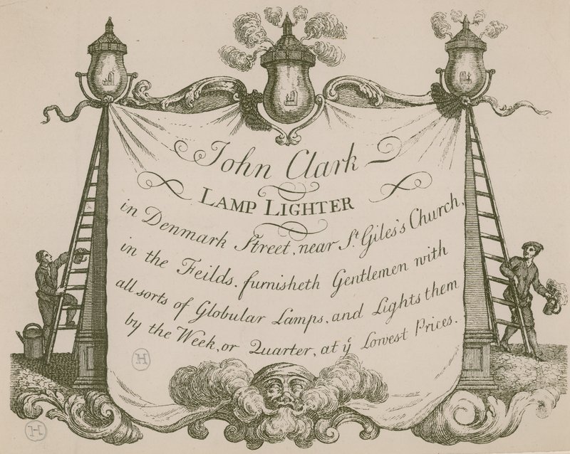 Advert for John Clarke, Lamp Lighter, Denmark Street, London by English School