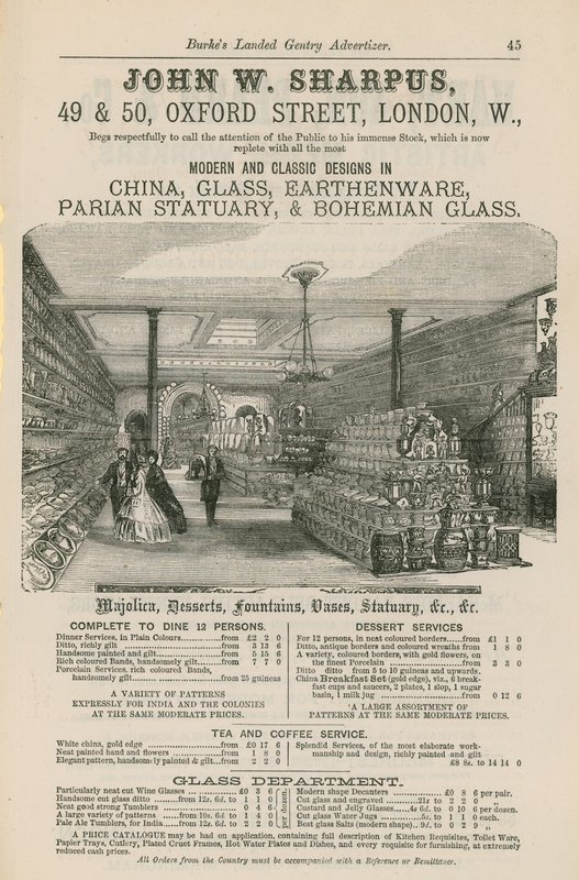 Advert for John W Sharpus, modern and classic designs in china, glass, earthenware, parian statuary and Bohemian glass by English School