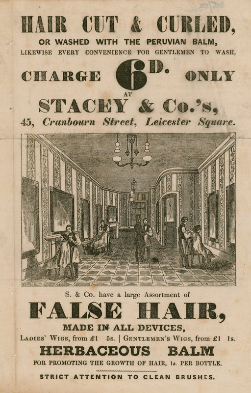 Advert for Stacey & Co., 45 Cranbourne Street, Leicester Square, London, Hair Dressers by English School