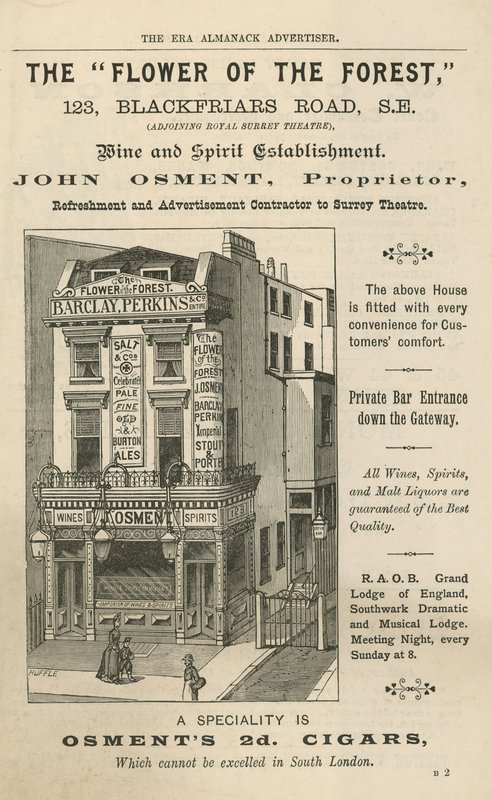 Advert for The Flower of the Forest, 123 Blackfriars Road, London by English School