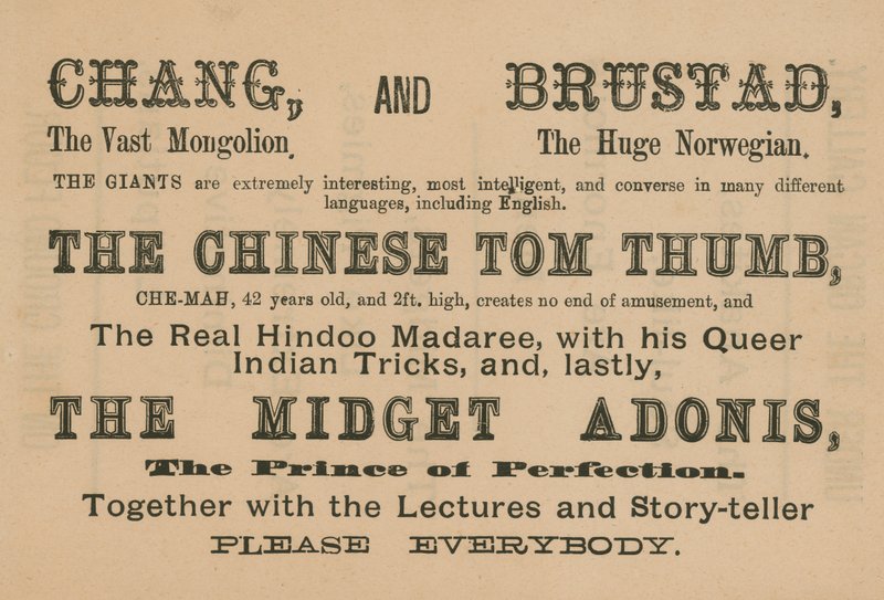 Advert for appearances by Chang, Brustad, The Chinese Tom Thumb and The Midget Adonis by English School