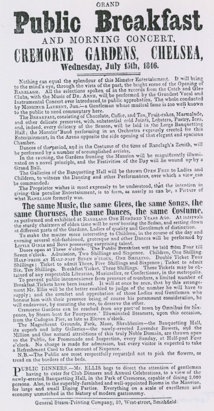 Advert for grand public breakfast and morning concert, Cremorne Gardens, Chelsea by English School