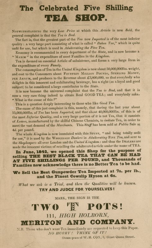 Advert for the Celebrated Five Shilling Tea Shop, Meriton and Company by English School