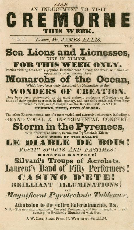 Advert for the Appearance of Sea Lions and Lionesses at Cremorne Gardens, London in 1848 by English School