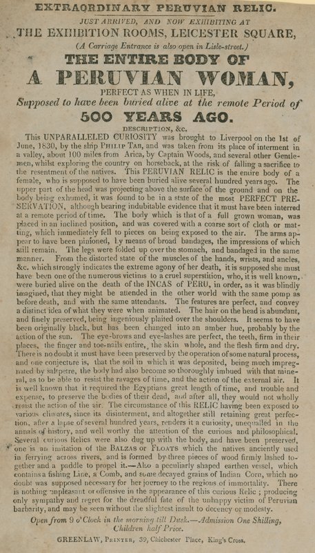 Advert for the Exhibition of the Mummified Body of a Peruvian Woman by English School