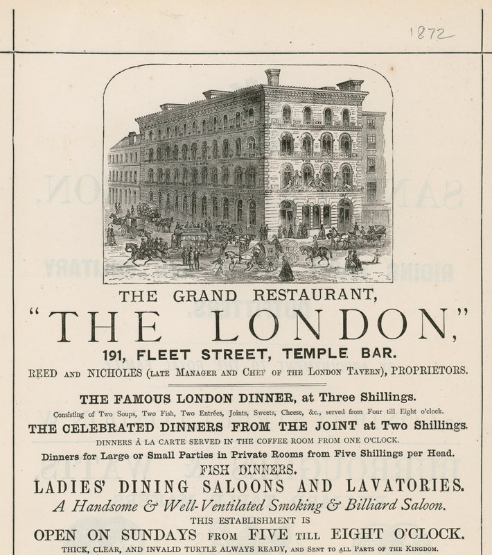 Advert for the grand restaurant The London, 191 Fleet Street, Temple Bar by English School