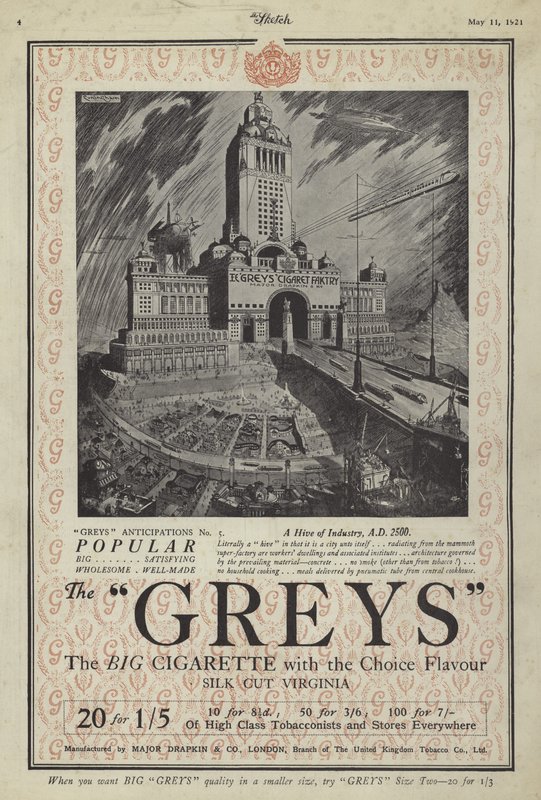 Advertisement for Greys cigarettes by English School